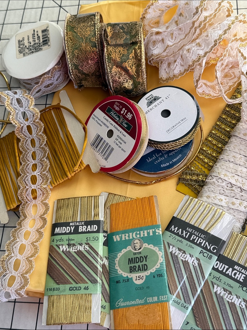 Vintage Gold Trim Ribbon Lace Wright’s Metallic Braid Craft Sewing Lot Satin